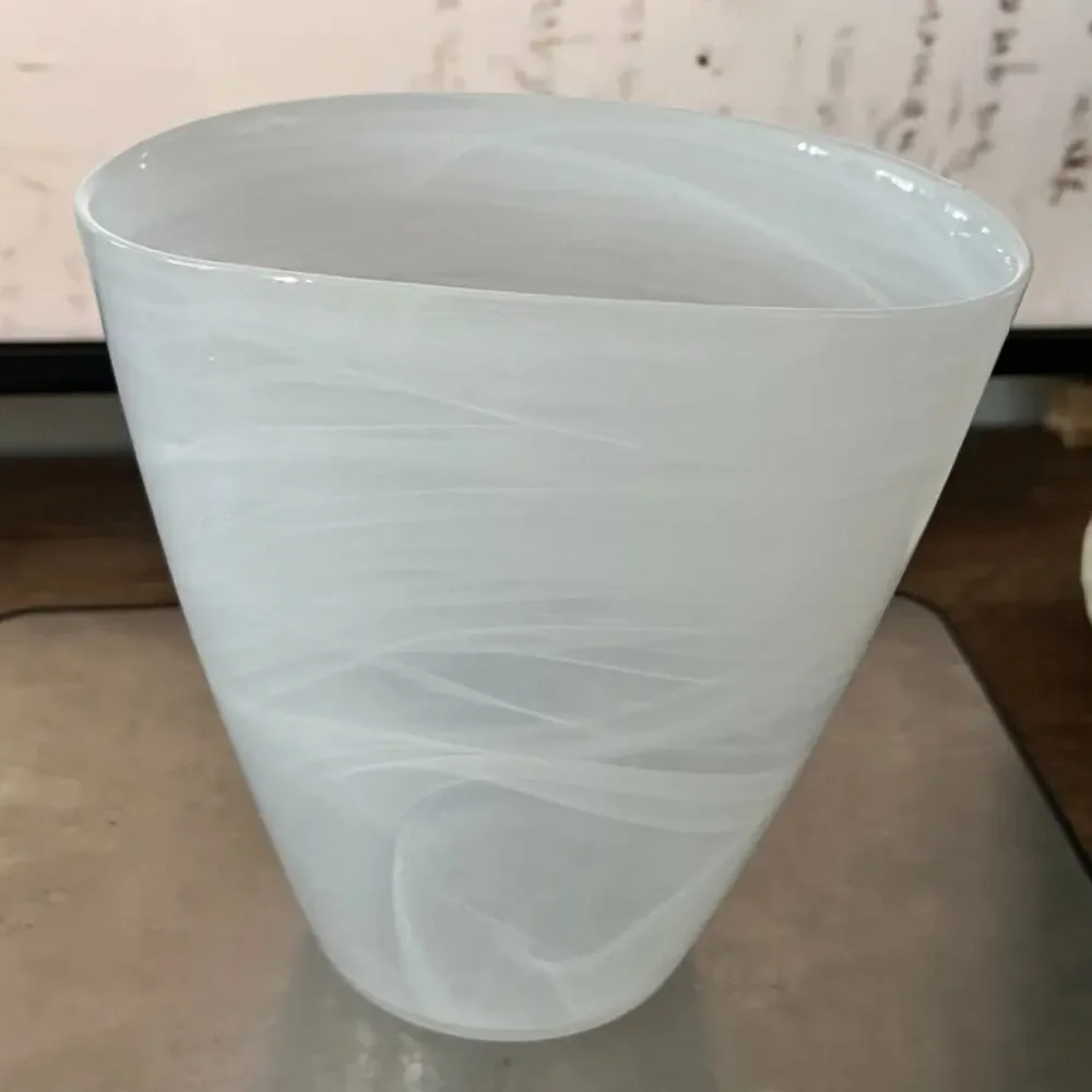 White Opulent Swirls Glass Art Oval Round Vase 7.25